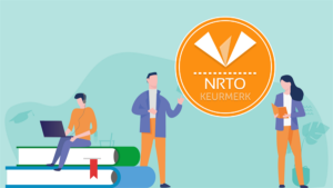 illustratie van personen die aan het leren zijn, met het NRTO logo